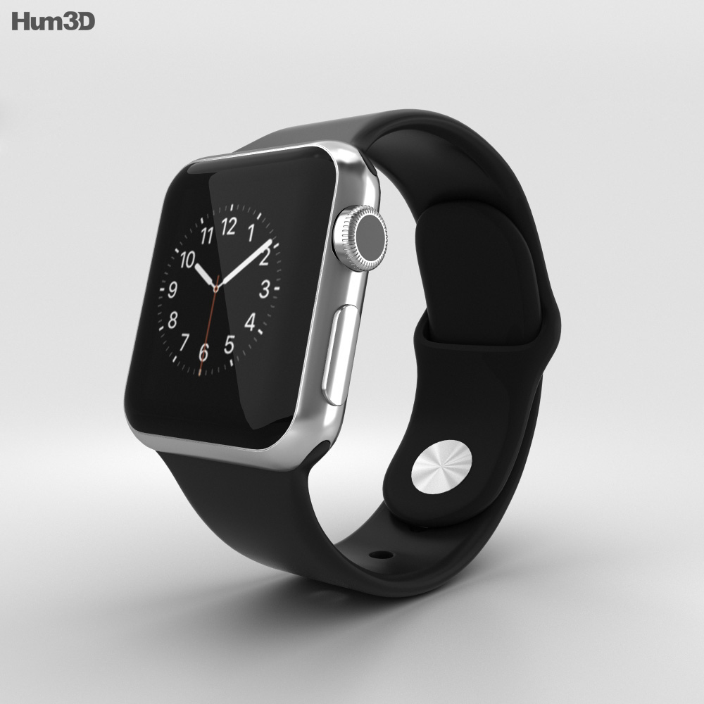 Apple Watch 38mm Stainless Steel Case Black Sport Band 3Dモデル