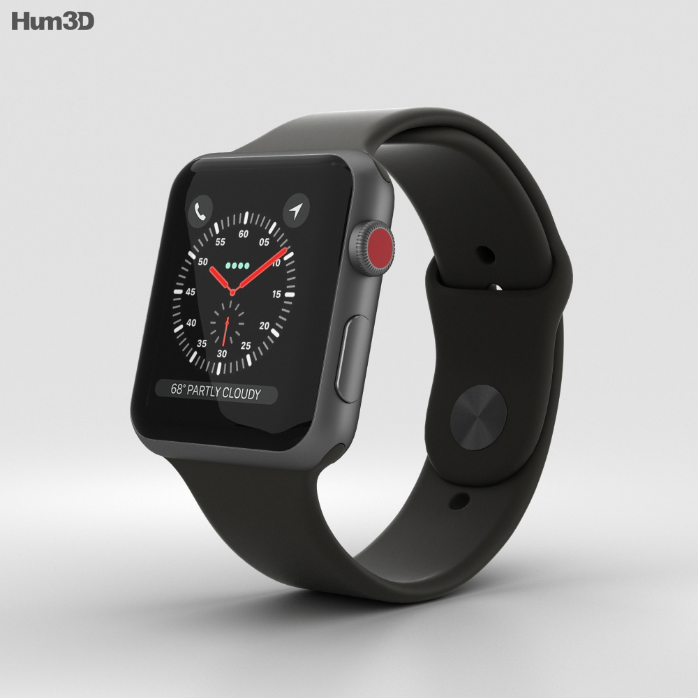Apple Watch Series 3 42mm GPS + Cellular Space Gray Aluminum Case Black  Sport Band 3Dモデル ダウンロード